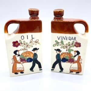 Japan Vintage Oil and Vinegar Bottles Amish Harvest Hand Painted Set